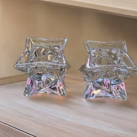 Vintage Crystal Glass Starburst Candle Holders Set Of 2 - Picture 1 of 3